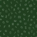 Seamless pattern on school green chalkboard in doodle style school icons numbers, light bulb, bell, alarm clock, briefcase, pen,