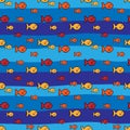 Seamless pattern. A school of small bright fish. Pixel fish on the background of waves. Vector illustration