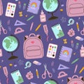 Seamless pattern with school stationery and supplies. Vector graphics Royalty Free Stock Photo