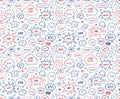 Seamless pattern in school style. Hand drawn set of speech bubbles with dialog words. Vector illustration over squared notebook s