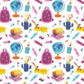 Seamless pattern of school supplies. Back to school. Various accessories for study, student equipment.