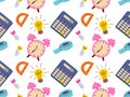 Seamless pattern of school supplies. Back to school. Various accessories for study, student equipment.