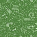 Seamless pattern with school supplies. Icons of stationery for study on green background. Back to school concept. Linear vector Royalty Free Stock Photo