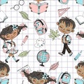 Seamless pattern on the school theme with school children and school accessories. Back to school. Checkered background