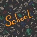 Seamless pattern on a school theme. Vector illustration background on a school theme.  Set textbook, pencil, apple, notebook, pen, Royalty Free Stock Photo