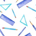 Seamless pattern for school time pattern with rulers and pencils illustration in blue and lavender colorsÃÅ½ Seamless watercolor Royalty Free Stock Photo