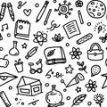 Seamless pattern with science, writing, school, and nature related doodles. Black and white background Royalty Free Stock Photo
