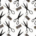 Seamless Pattern with Scissors and Thread Spools Royalty Free Stock Photo