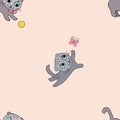 Seamless pattern Scottish fold kittens play with a ball and butterfly. Royalty Free Stock Photo