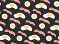 Seamless pattern with scrambled eggs, boiled egg flavors and bacon on a black background. Vector illustration for Royalty Free Stock Photo