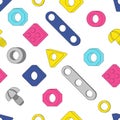 Seamless pattern: Screws and Nuts. Construction Hardware: Bolts, Nuts and Spacers, isolated vector elements for your design Royalty Free Stock Photo