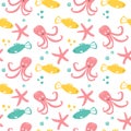 Seamless pattern with sea animal - fish, starfish, octopus. Cute cartoon character