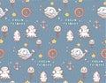 Seamless pattern with sea animals.octopus, jellyfish, whale, squid, star, steering wheel, anchor