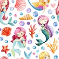 Seamless pattern, sea background with mermaids, bubbles, seashells, corrals and starfish, watercolor drawing