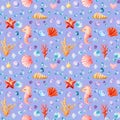 Seamless pattern, sea background with seahorse, bubbles, seashells, corrals and starfish, watercolor drawing
