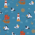 Seamless pattern with sea birds, ships and lighthouses. Vector graphics