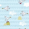 Seamless pattern with sea birds, waves and clouds in cartoon style