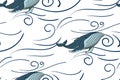 Seamless pattern sea and blue whale. On a white background. Royalty Free Stock Photo