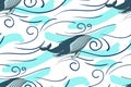 Seamless pattern sea and blue whale. On a white background. Royalty Free Stock Photo