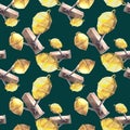 Seamless pattern sea bollards yellow buoys ropes Watercolor illustration Isolated on dark background