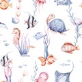 seamless pattern of sea cartoon animals. Blue watercolor ocean fish, turtle, whale and coral. Shell aquarium dolphin, crab octopus