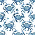 Seamless pattern with sea crabs. watercolor Marine background