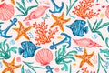 Seamless pattern with sea creatures. Endless underwater life background. Fish, sea shell, corals, starfish. Royalty Free Stock Photo