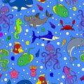 Seamless illustration  with sea creatures, funny cartoon animals on blue background Royalty Free Stock Photo