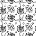 Seamless pattern of sea creatures, hand-drawn in sketch style. Shells and starfish. White background. Isolated. Summer