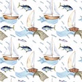 Seamless pattern of sea fish and sail boat watercolor illustration isolated on white. Fishing boat, sea wave and tuna