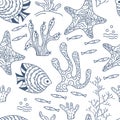 Seamless pattern. Sea floor, underwater world. Fish and seaweed on a white background. Hand drawing vector drawing
