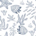 Seamless pattern. Sea floor, underwater world. Fish and seaweed on a white background. Hand drawing vector drawing