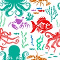 Seamless pattern sea inhabitants. hand drawing. Not AI, Illustrat3 . Colorful flat Vector illustration Royalty Free Stock Photo