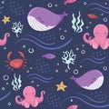 Seamless pattern with sea inhabitants: octopus, fish, starfish, whale, crabs and algae Royalty Free Stock Photo