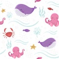 Seamless pattern with sea inhabitants: octopus, fish, starfish, whale, crabs and algae