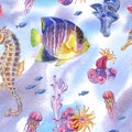 Seamless pattern from sea inhabitants. A water color background