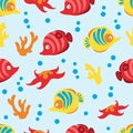 Seamless pattern with sea life on blue background.