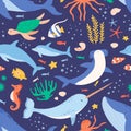 Seamless pattern with sea and ocean animals on blue background. Underwater fauna with narwhal, turtle and dolphin