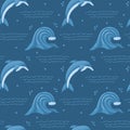 Seamless pattern with sea, ocean wave and cute diving dolphin. Sea element and aquatic animal. For summer, beach textiles. Vector