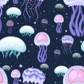 Seamless pattern. Sea pink and purple jellyfish. Tropical underwater animal. Medusa aquatic organism, cartoon style design. Flat