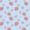 Seamless pattern of sea plants, coral watercolor isolated on blue background. Pink agar agar seaweed and fish hand drawn Royalty Free Stock Photo