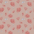 Seamless pattern of sea plants, coral watercolor isolated on pink background. Pink agar agar seaweed and fish hand drawn Royalty Free Stock Photo