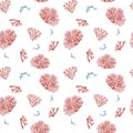 Seamless pattern of sea plants, coral watercolor isolated on white background. Pink agar agar seaweed and fish hand Royalty Free Stock Photo