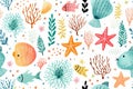 Seamless pattern of sea plants and fish, bright and rich color. Royalty Free Stock Photo