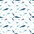 Seamless pattern, sea sharks on a white background with dots. Print, background, wallpaper,vector Royalty Free Stock Photo