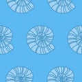 Seamless pattern sea shell blue blooms, tiles for textile decoration, nautilus ammonite