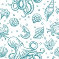 Seamless pattern sea shell, coral, crab, octopus and shrimp. Vector engraving Royalty Free Stock Photo