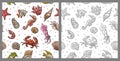 Seamless pattern sea shell, coral, cuttlefish, coral, oyster, crab, shrimp, seaweed, star, fish. Royalty Free Stock Photo