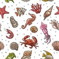 Seamless pattern sea shell, coral, cuttlefish, coral, oyster, crab, shrimp, seaweed, star, fish. Royalty Free Stock Photo