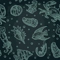 Seamless pattern sea shell, cuttlefish, oyster, crab, shrimp, seaweed, fish.